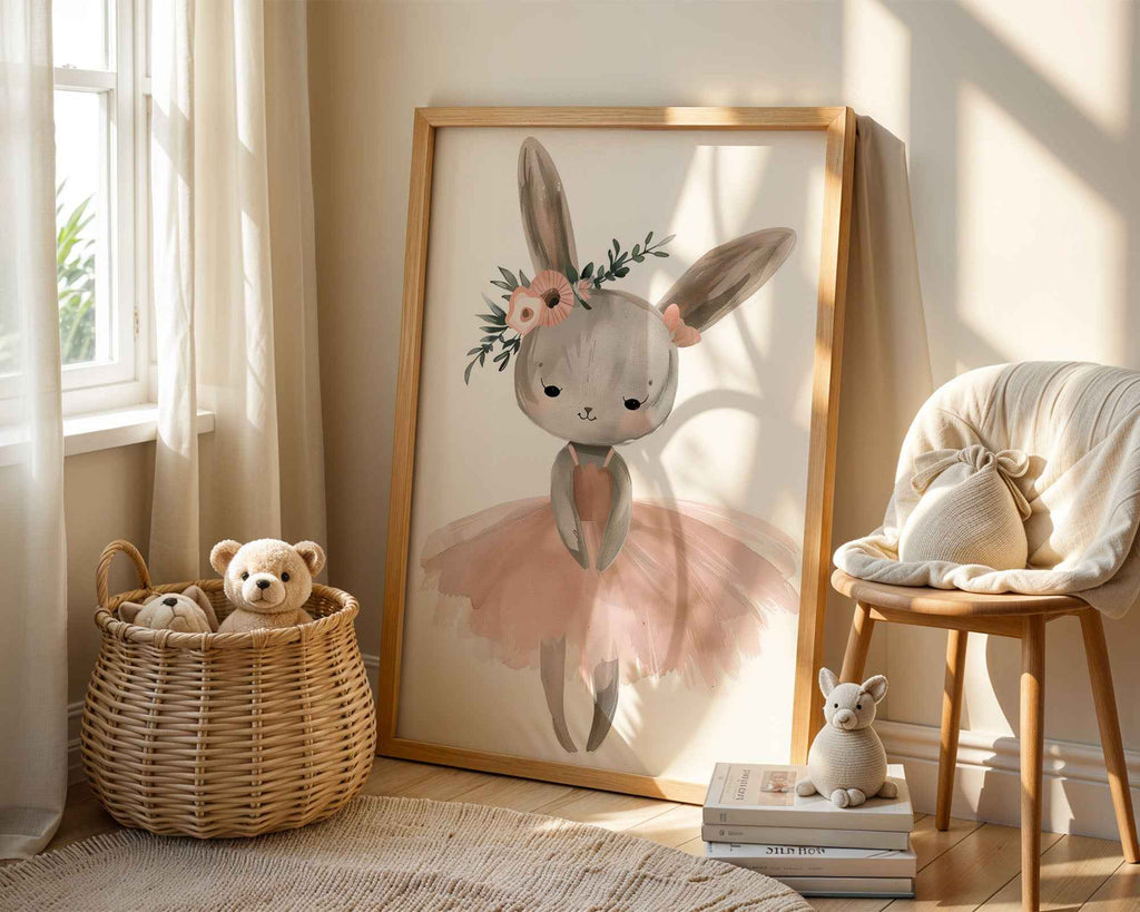 Bunny Ballerina Floral Print - Nursery Wall Art
