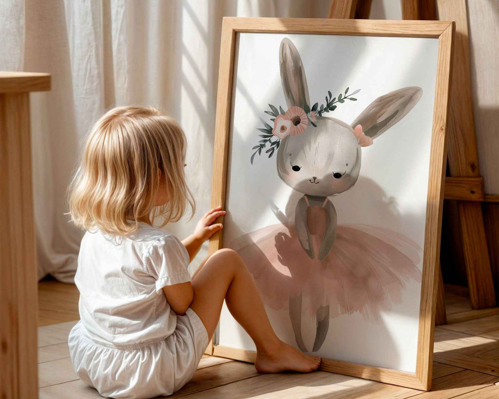 Bunny Ballerina Floral Print - Nursery Wall Art
