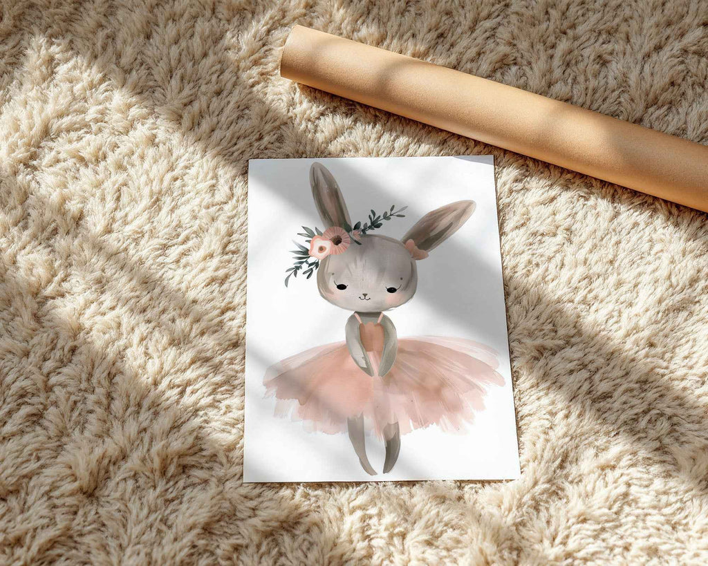 Bunny Ballerina Floral Print - Nursery Wall Art