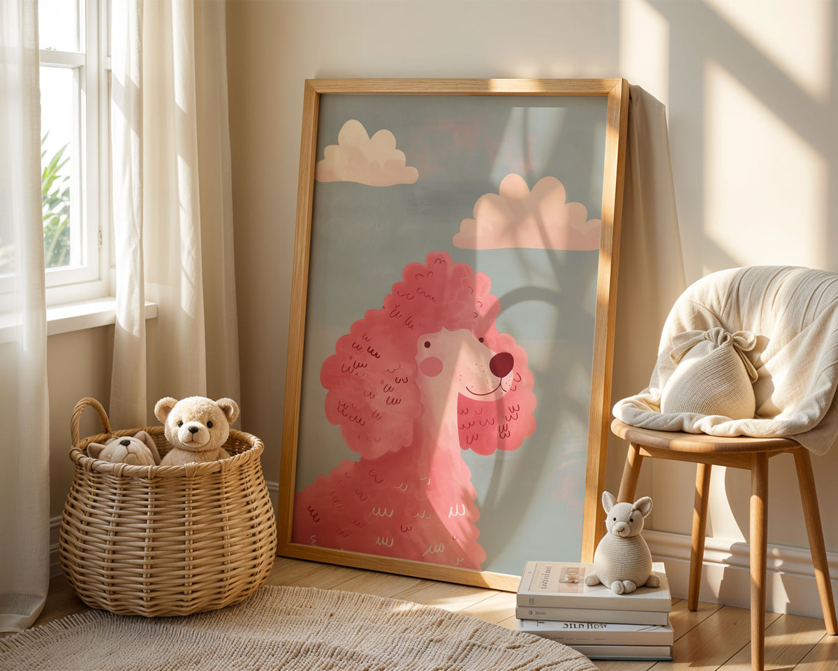 A-Sized Prints Nursery - Smiling pink poodle illustration with fluffy wool and soft clouds