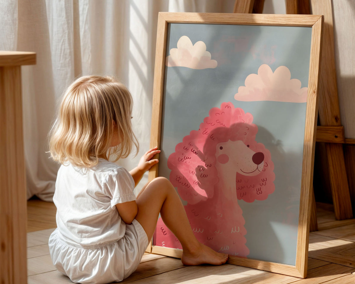 A-Sized Prints Nursery - Cheerful poodle character against grey-blue sky with pastel clouds