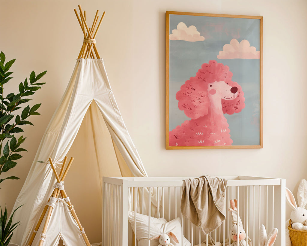 A-Sized Prints Nursery - Gentle nursery art featuring poodle and soft peachy clouds