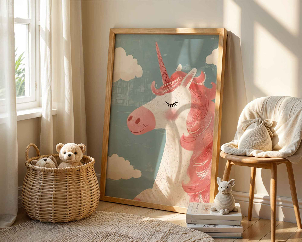 Smiling Unicorn with Pink Mane Nursery Print