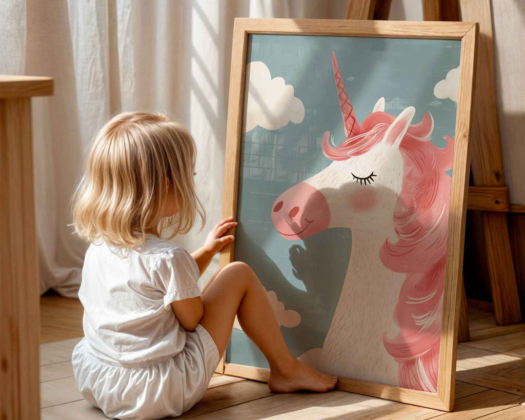 Smiling Unicorn with Pink Mane Nursery Print
