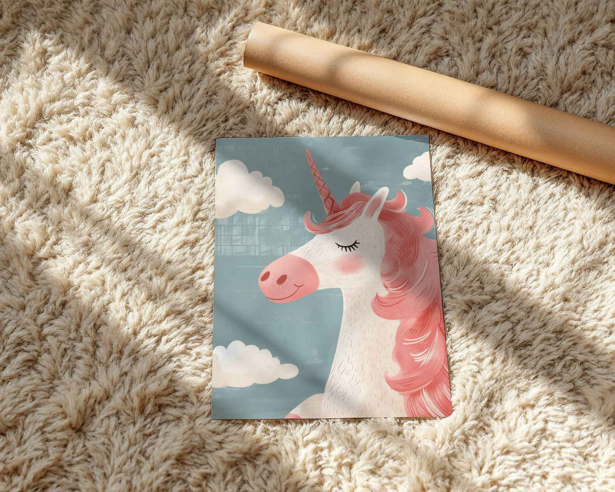 Smiling Unicorn with Pink Mane Nursery Print