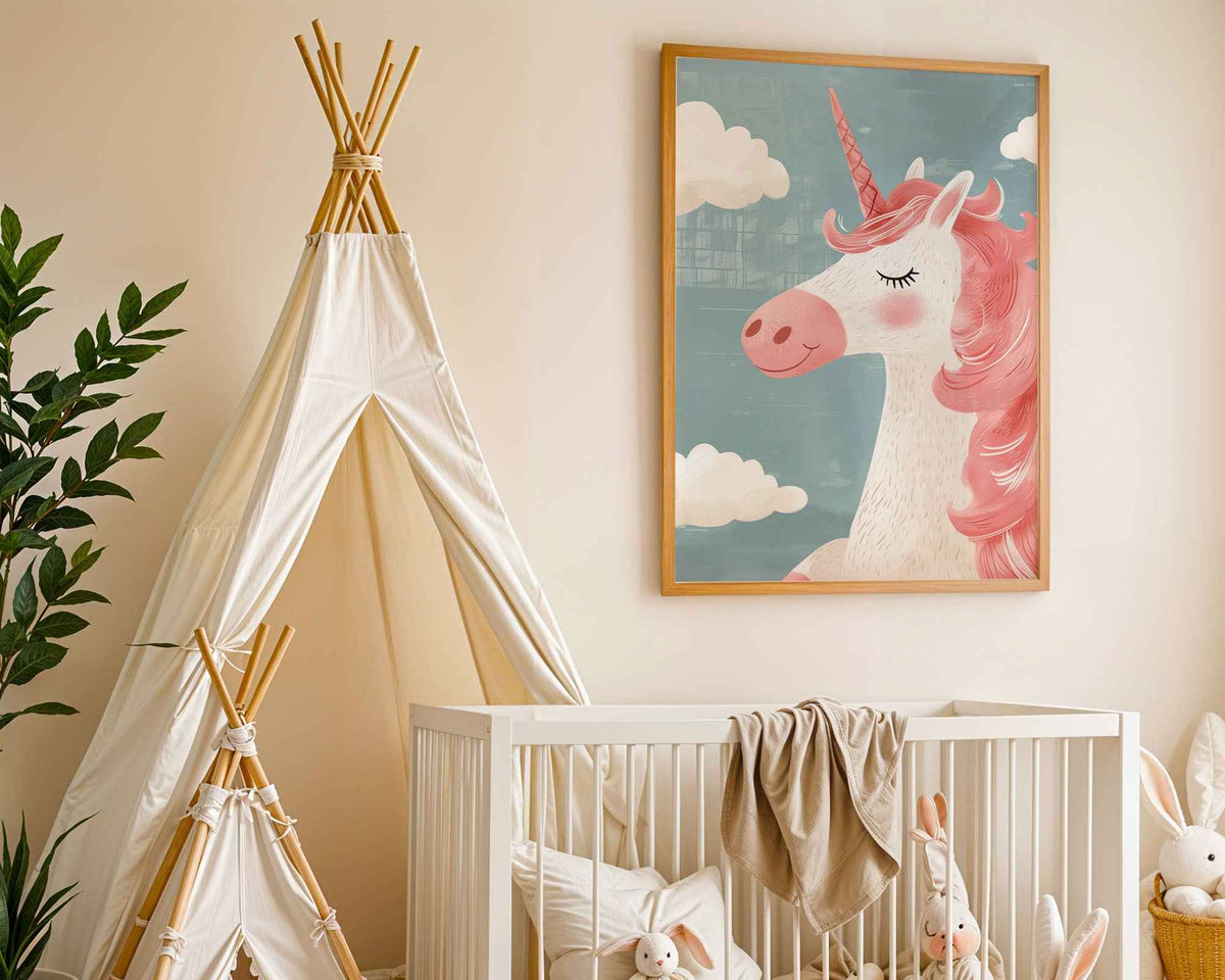Smiling Unicorn with Pink Mane Nursery Print