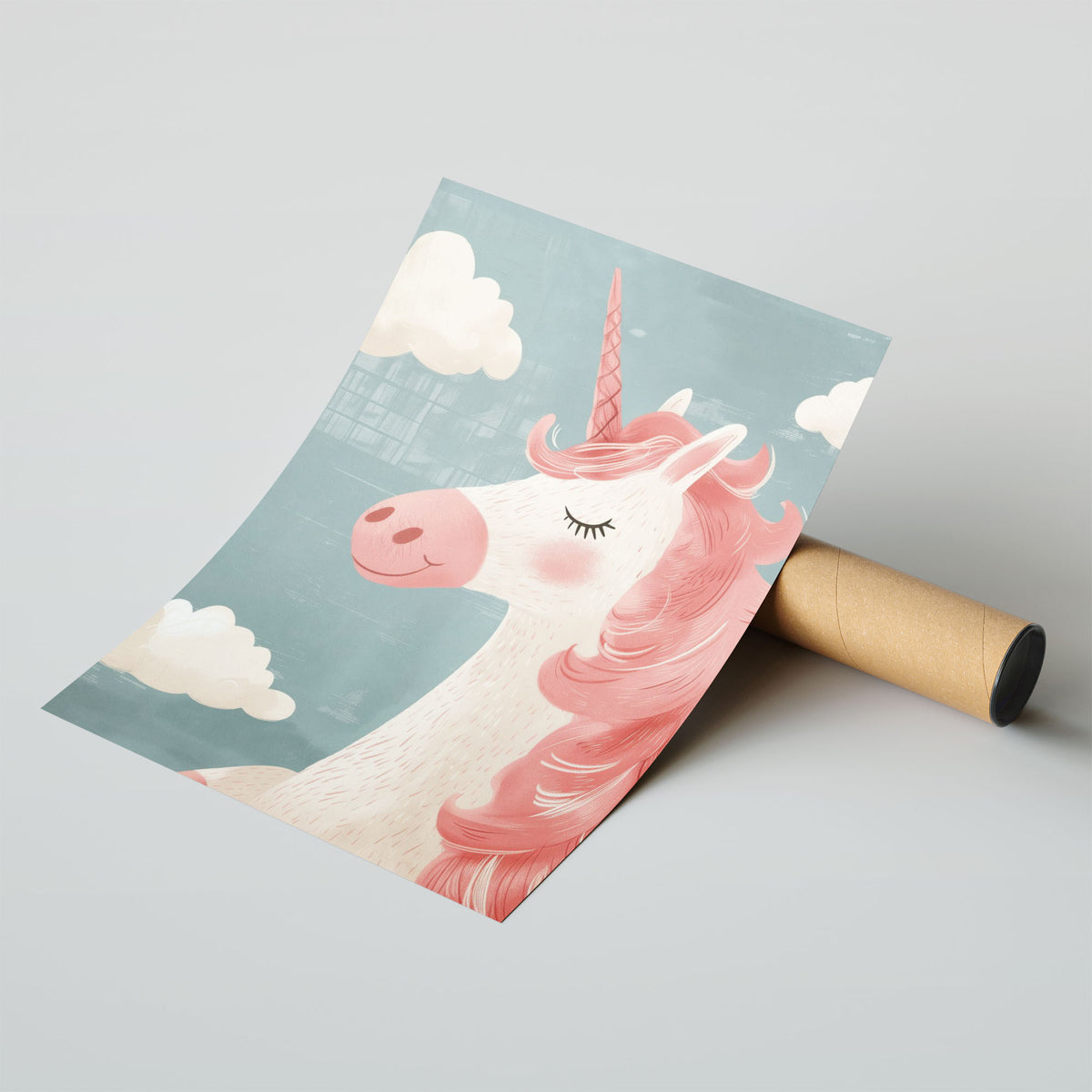 A-Sized Print Nursery - Pastel nursery art showing magical unicorn with windswept pink hair and serene expression