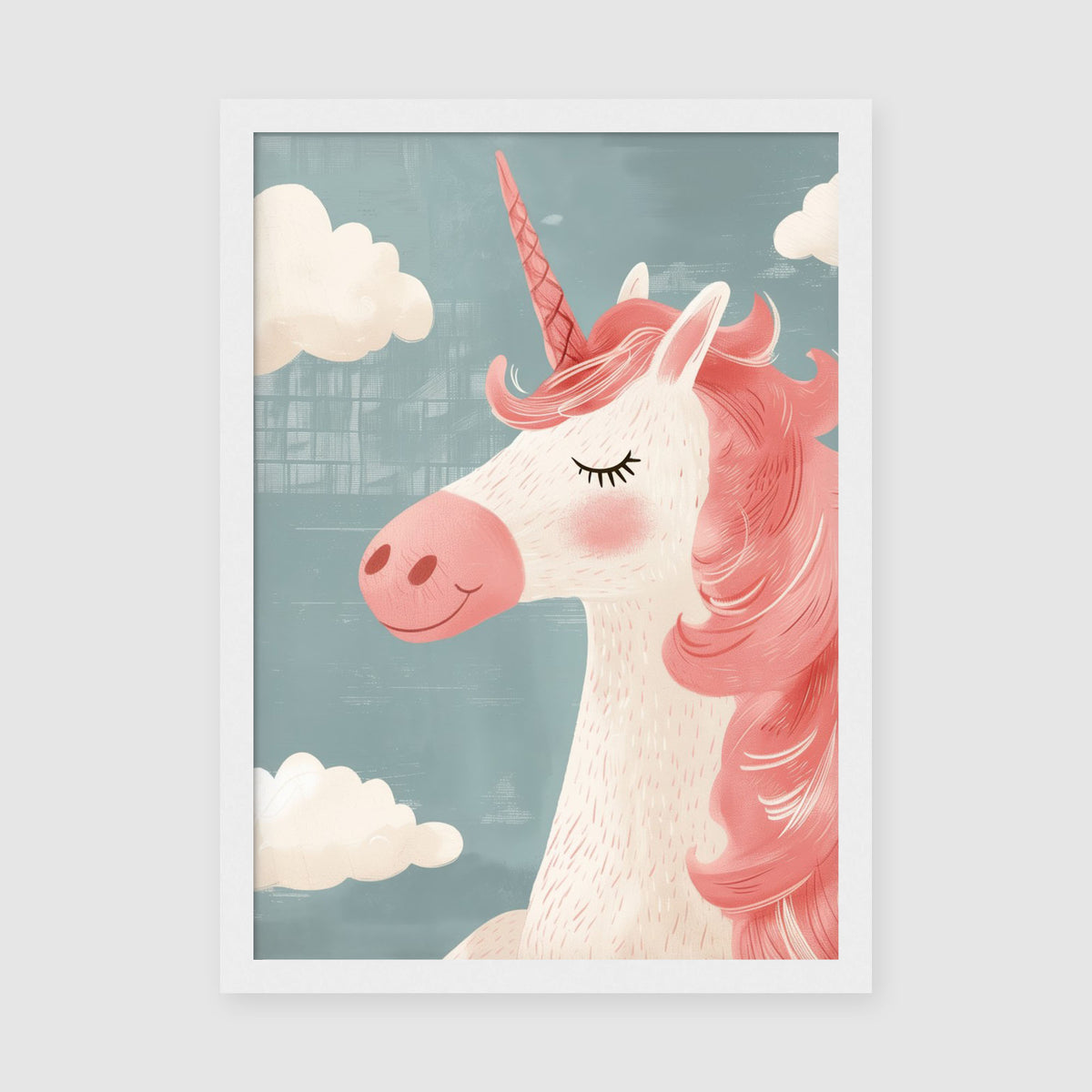 A-Sized Print Nursery - Child-friendly unicorn artwork with pink mane and clouds on pale blue background