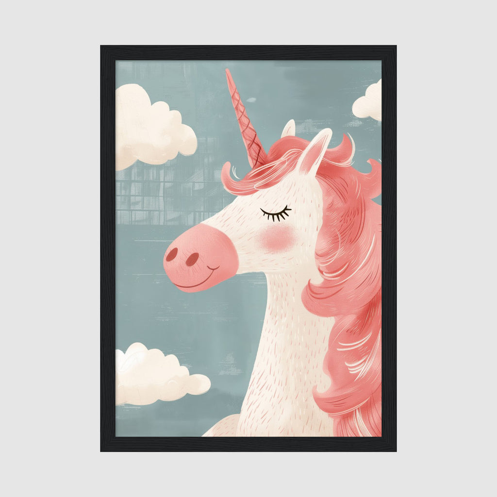 A-Sized Print Nursery - Sweet smiling unicorn with flowing pink mane and white cloud details