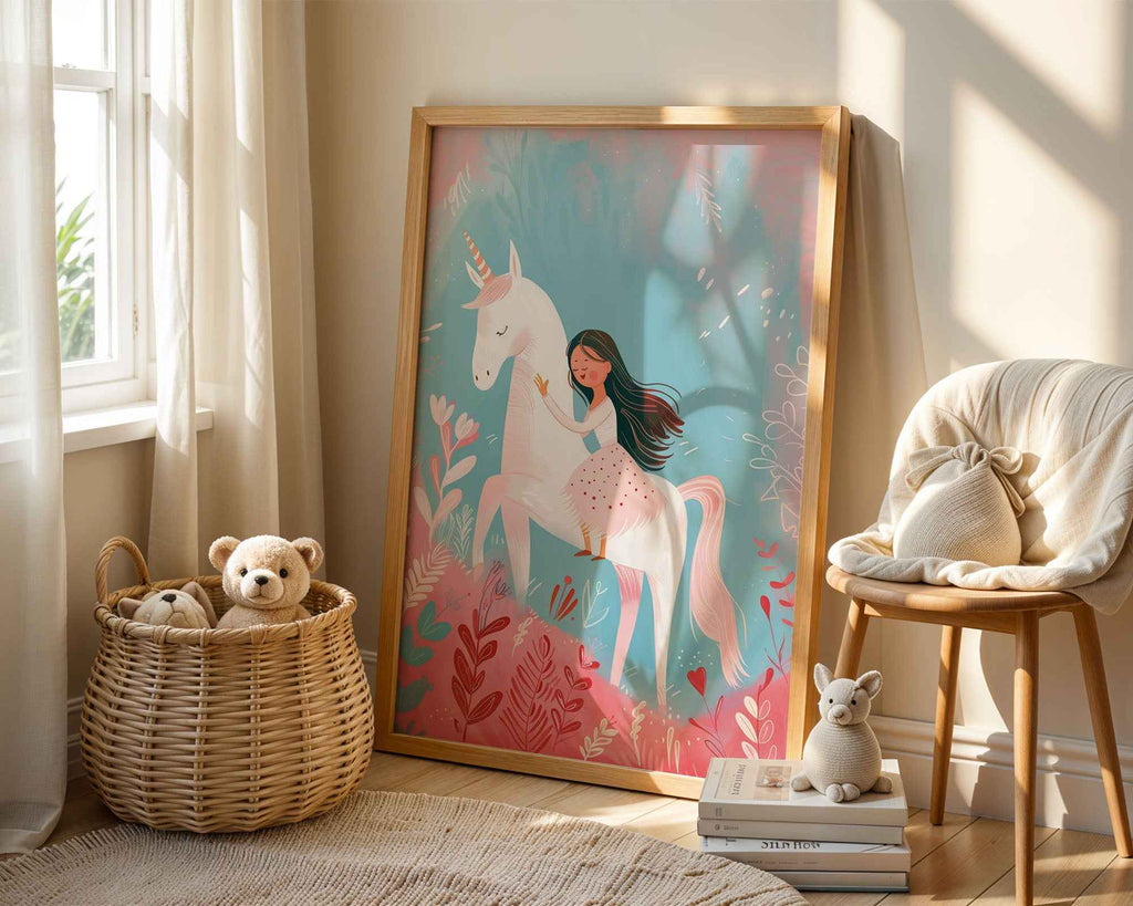 Girl and Unicorn Nursery Poster – Whimsical Wall Art