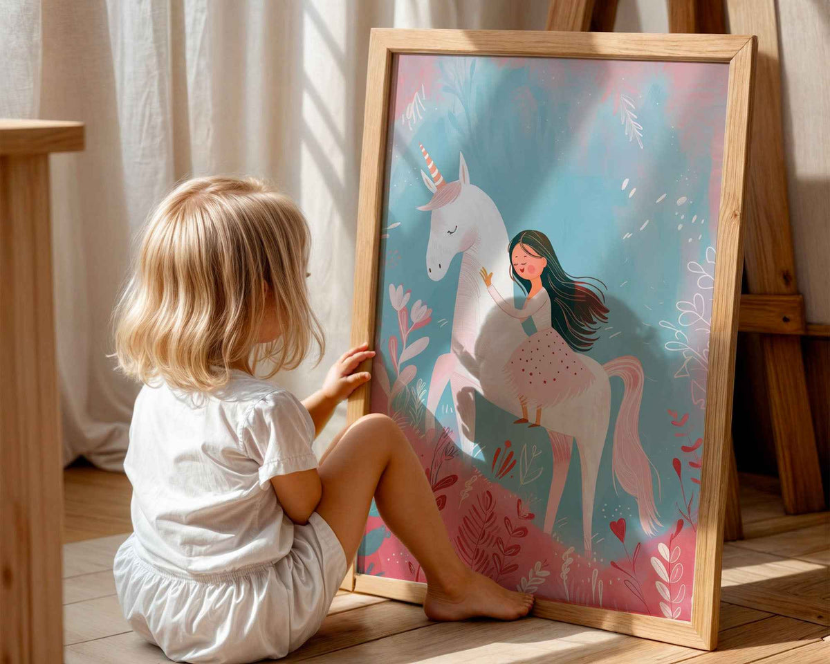 Girl and Unicorn Nursery Poster – Whimsical Wall Art