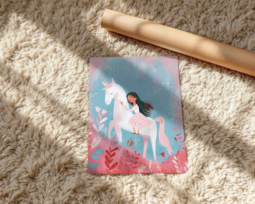 Girl and Unicorn Nursery Poster – Whimsical Wall Art