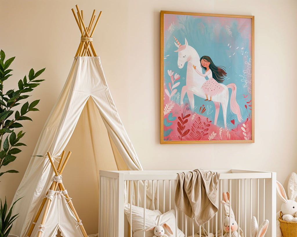 A-Sized Prints Nursery - Tender moment between girl and unicorn framed by coral and white wildflowers on soft background