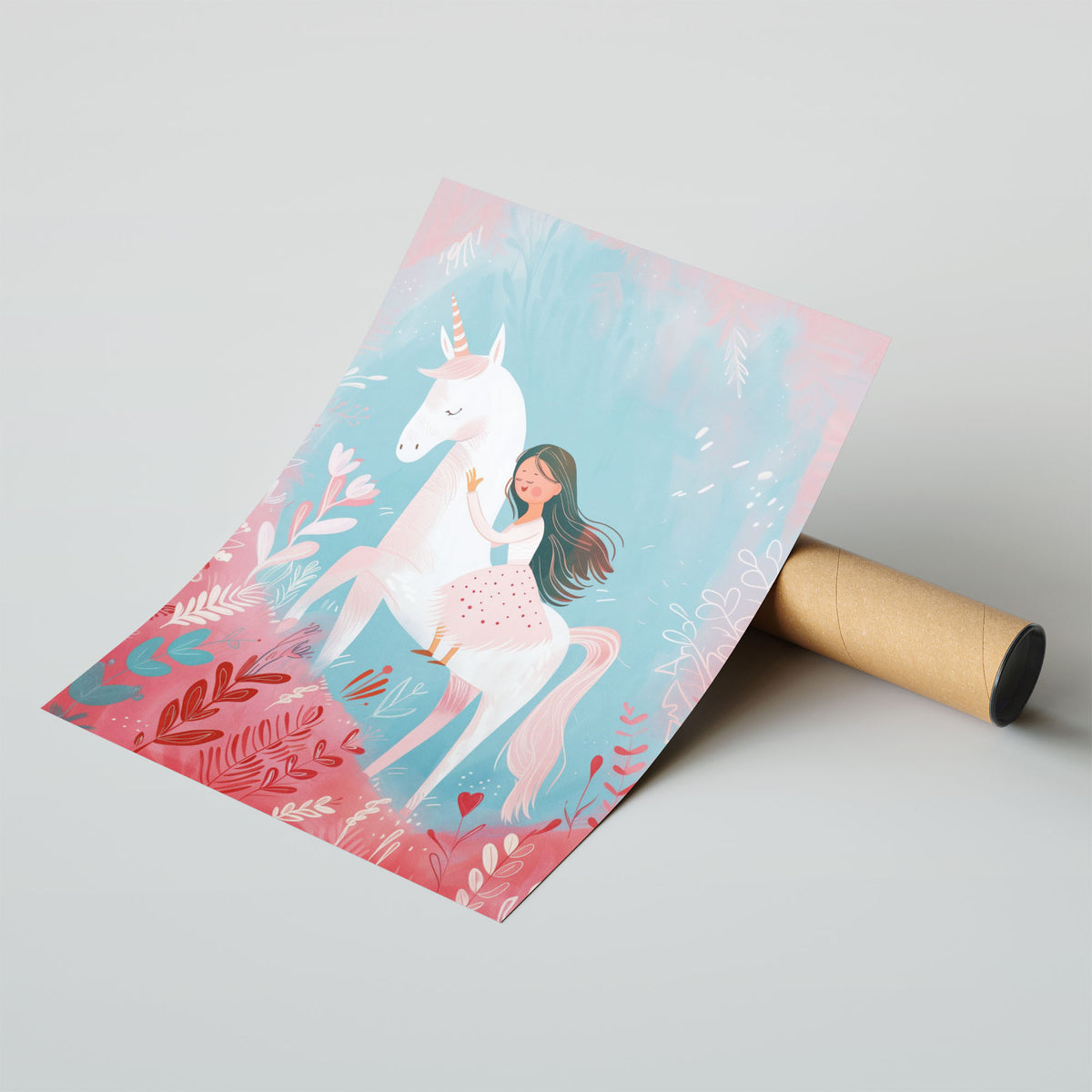 A-Sized Prints Nursery - Fairytale-inspired poster showing girl embracing magical white unicorn with flowing hair and horn