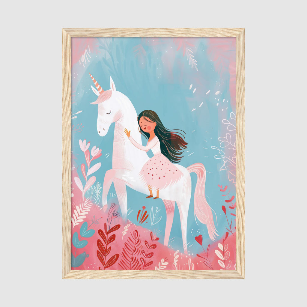 A-Sized Prints Nursery - Soft illustration of child with unicorn companion in a dreamy garden setting with botanical details