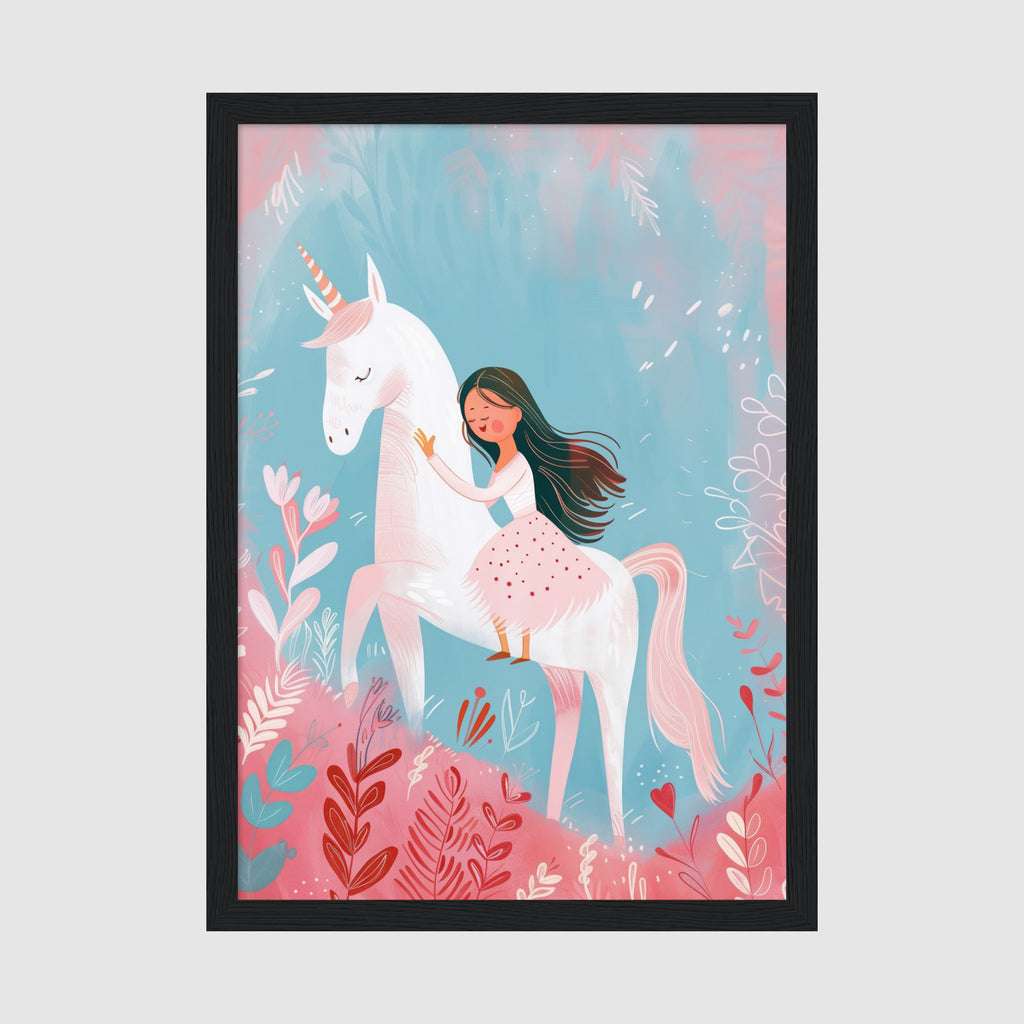 A-Sized Prints Nursery - Whimsical wall art of girl and white unicorn surrounded by delicate leaves and heart-shaped flowers