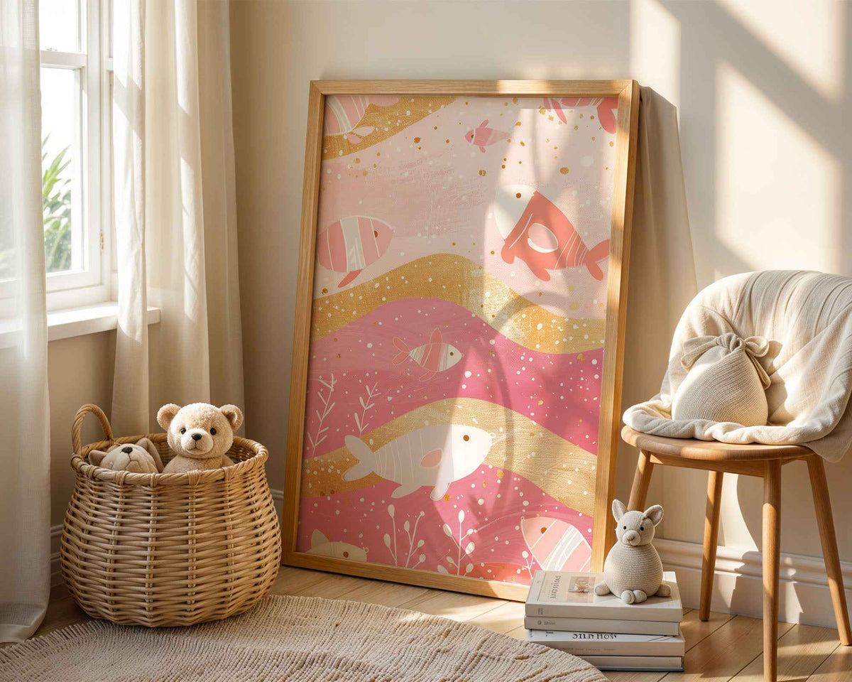 Underwater Fish & Coral Nursery Poster – Pink & Gold