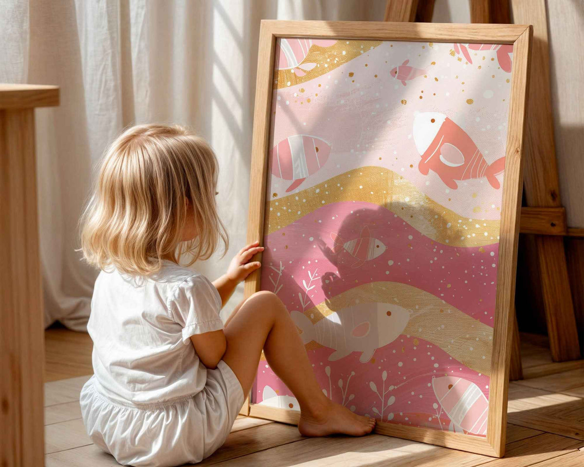 Underwater Fish & Coral Nursery Poster – Pink & Gold