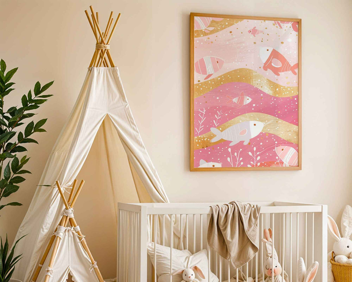 Underwater Fish & Coral Nursery Poster – Pink & Gold