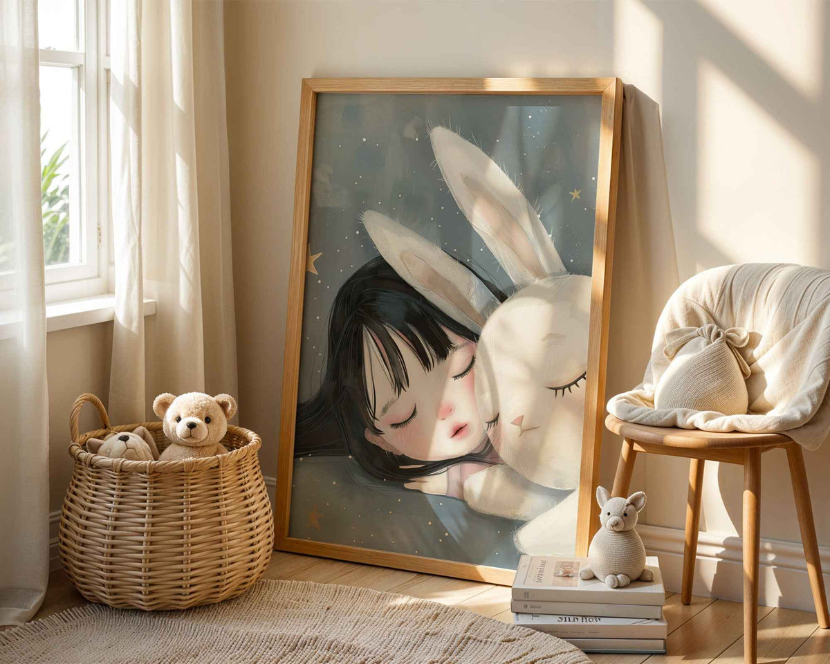 Girl & White Rabbit – Soft Stars Nursery Print