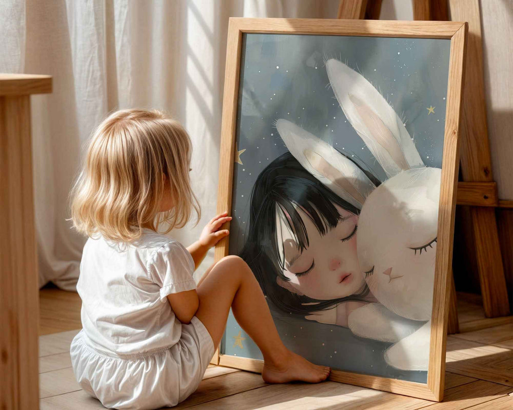 Girl & White Rabbit – Soft Stars Nursery Print