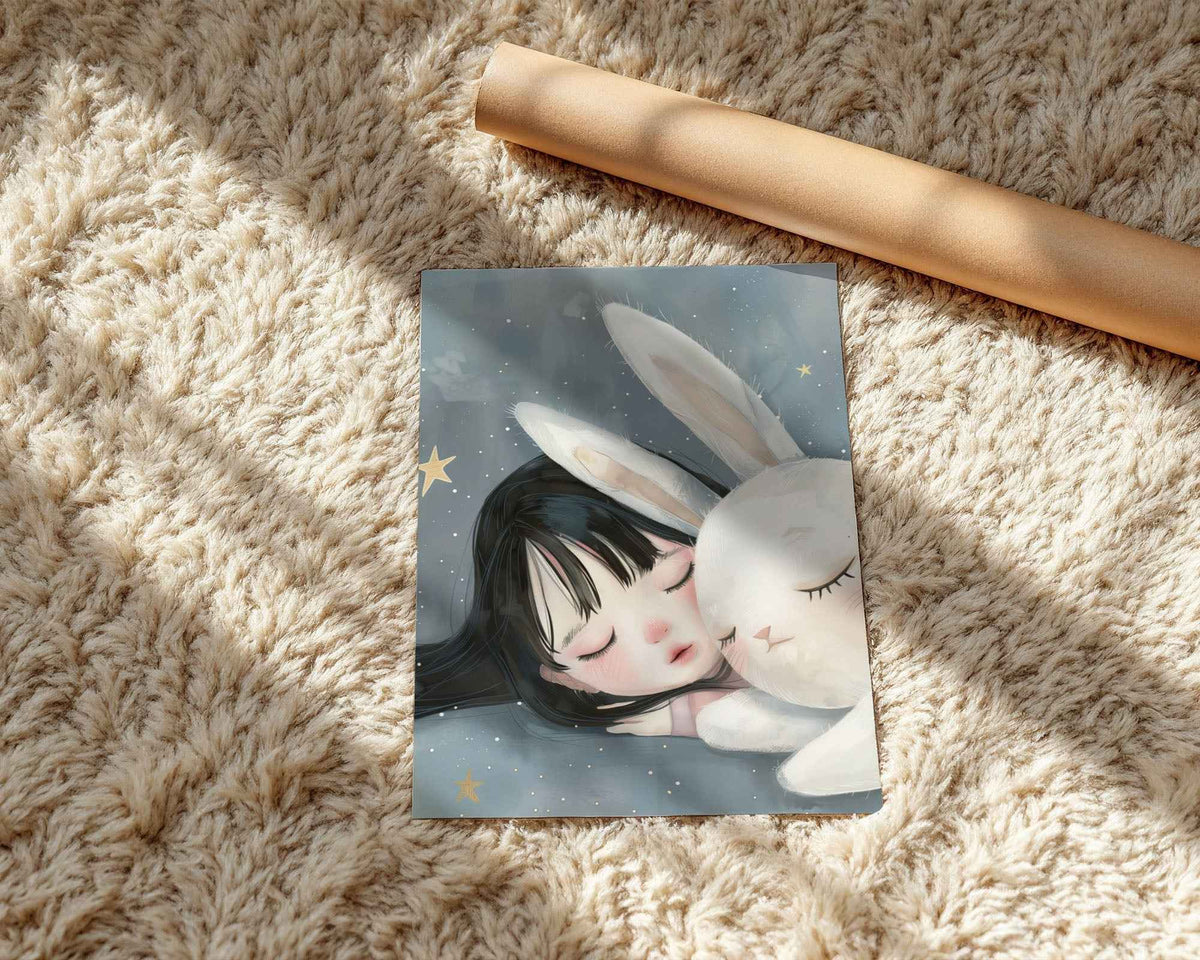 Girl & White Rabbit – Soft Stars Nursery Print