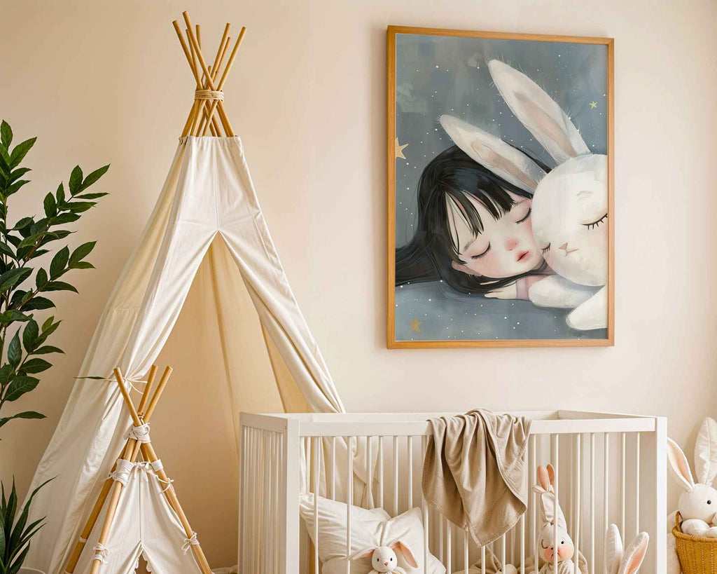 Girl & White Rabbit – Soft Stars Nursery Print