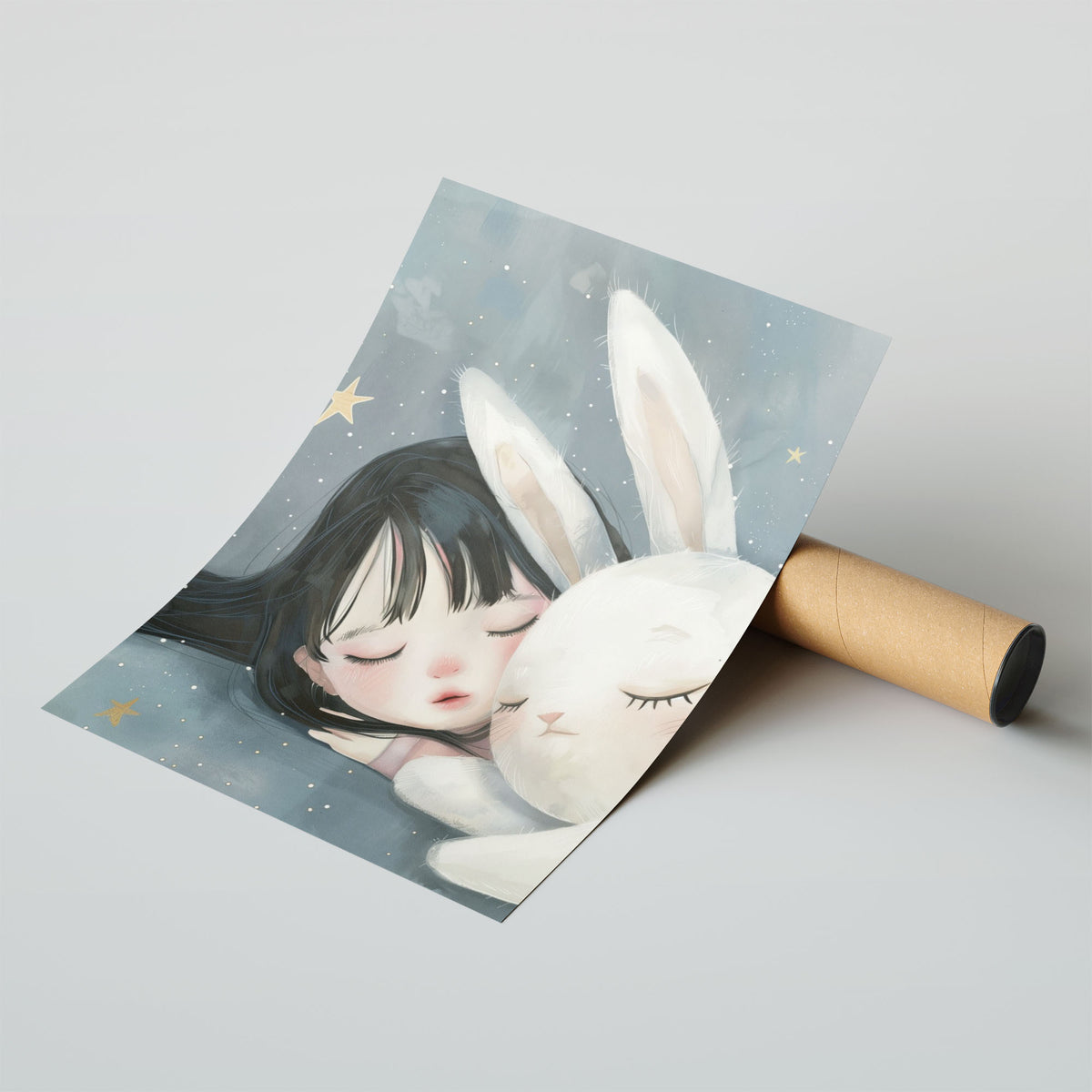 A-Sized Nursery Print - Tender illustration of girl and white rabbit with magical golden stars on muted background