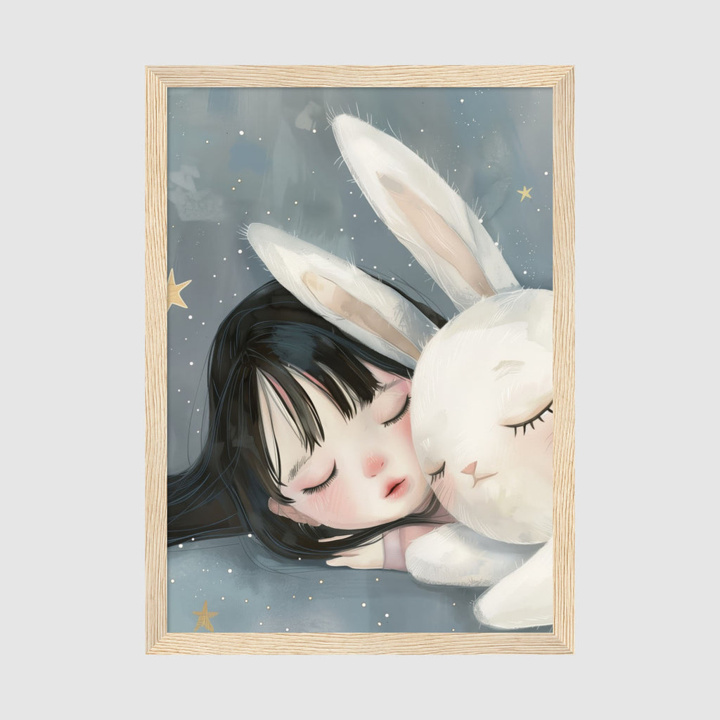 A-Sized Nursery Print - Serene nursery artwork featuring sleeping girl and protective white rabbit with starry sky