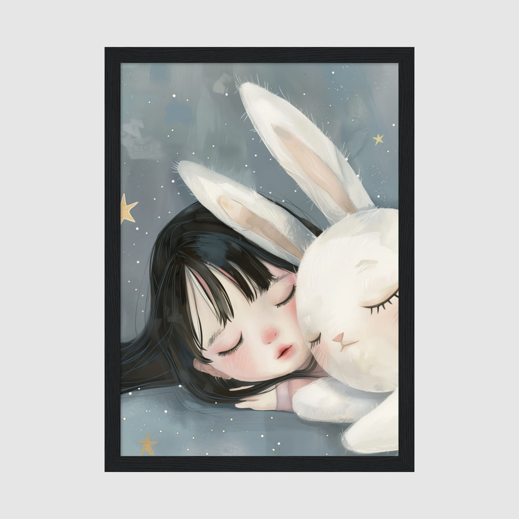A-Sized Nursery Print - Calming nursery print with girl, white rabbit, and dreamy starlit atmosphere