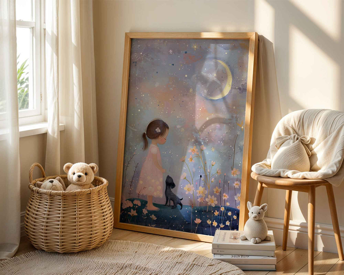 Girl with Black Dog & Starry Night – Nursery Wall Art