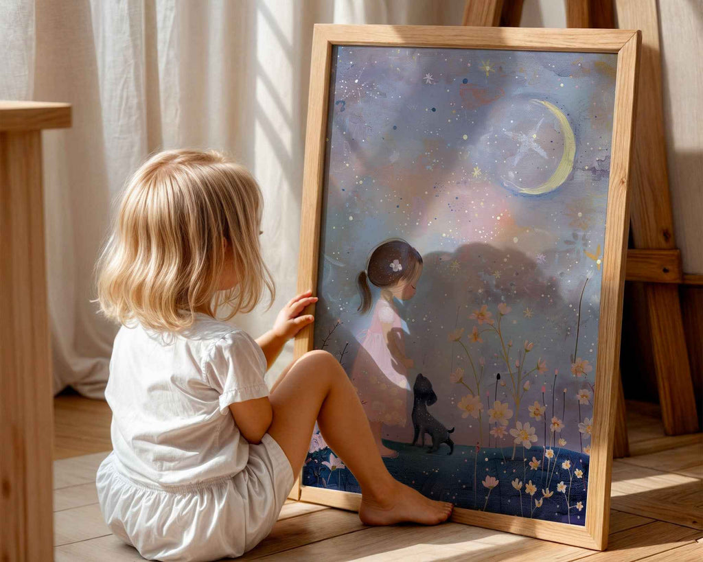 Girl with Black Dog & Starry Night – Nursery Wall Art