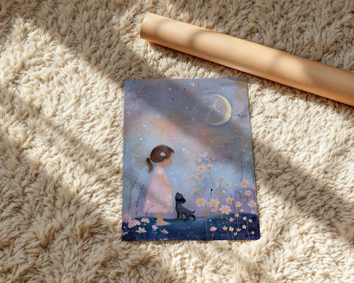 Girl with Black Dog & Starry Night – Nursery Wall Art