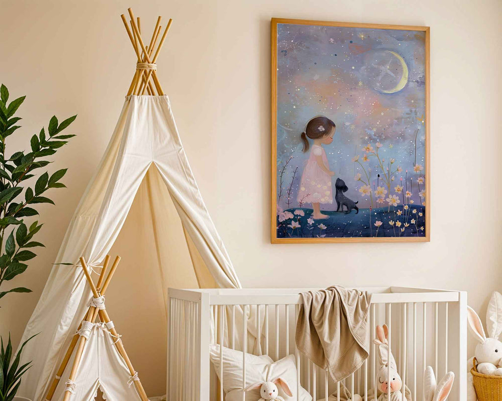 Girl with Black Dog & Starry Night – Nursery Wall Art