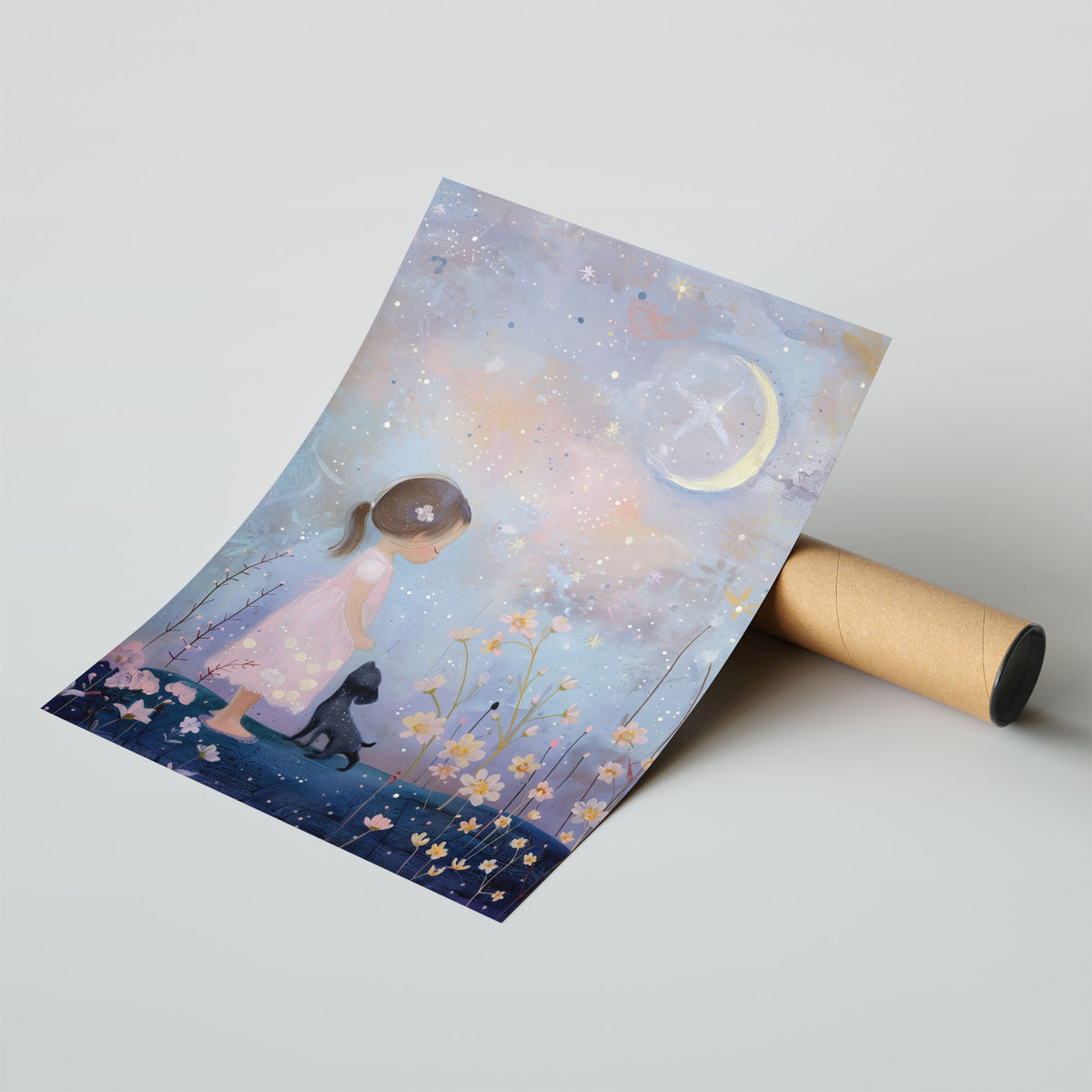 A-Sized Nursery Print - Whimsical illustration of girl and dog surrounded by cosmos flowers at night