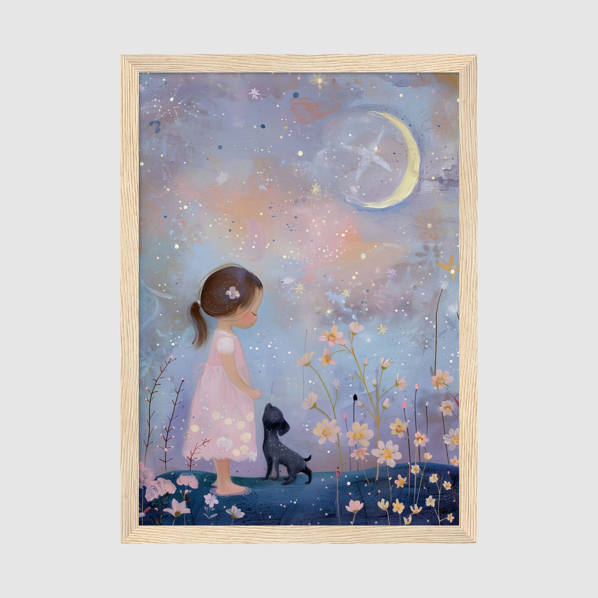A-Sized Nursery Print - Soft watercolour girl and black dog gazing at stars and crescent moon