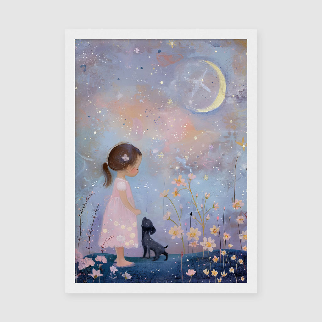 A-Sized Nursery Print - Children's bedroom poster with girl, dog, flowers and peaceful starry night
