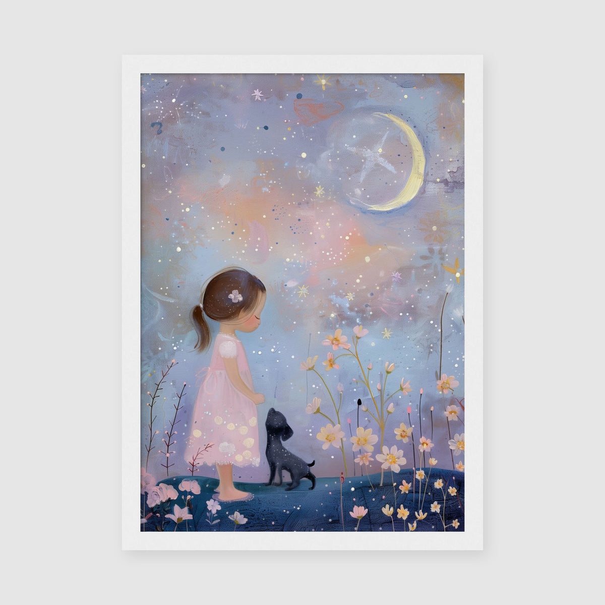A-Sized Nursery Print - Children's bedroom poster with girl, dog, flowers and peaceful starry night