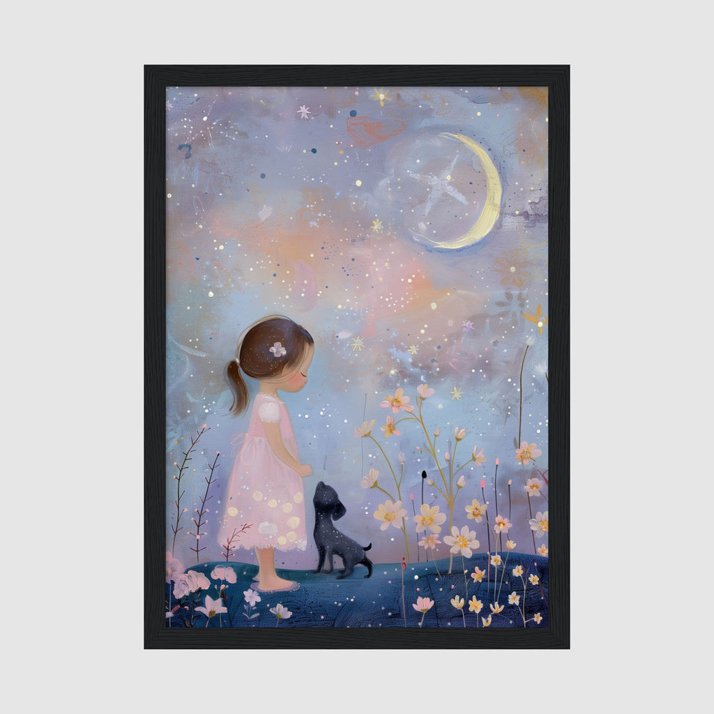 A-Sized Nursery Print - Calming nursery artwork with girl, loyal dog companion and magical moon scene