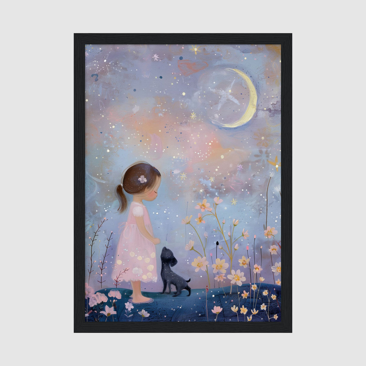 A-Sized Nursery Print - Calming nursery artwork with girl, loyal dog companion and magical moon scene