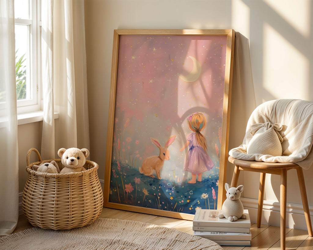 A-Sized Print Nursery - Young girl in lavender dress beside golden rabbit in moonlit flower meadow