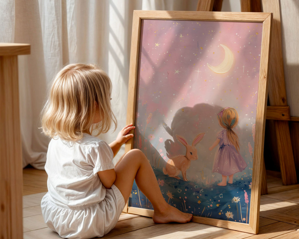 A-Sized Print Nursery - Soft pink sky with crescent moon and stars above girl and rabbit in meadow
