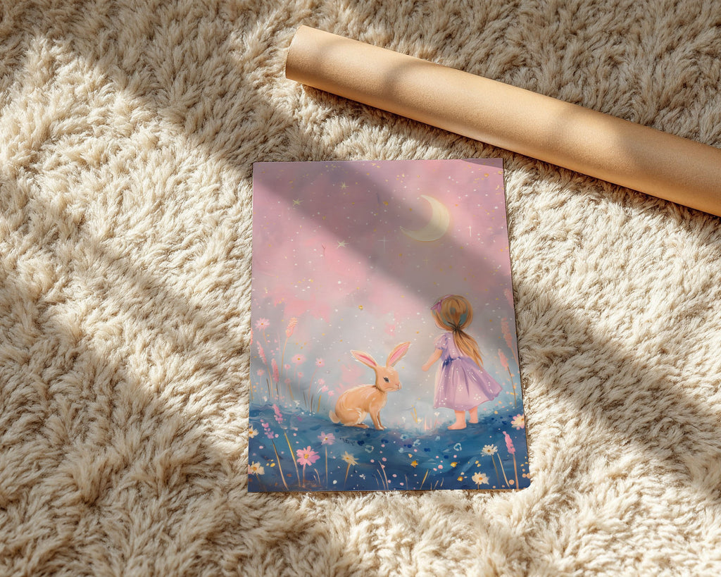 A-Sized Print Nursery - Pink and coral flowers surrounding girl and rabbit in dreamy garden scene