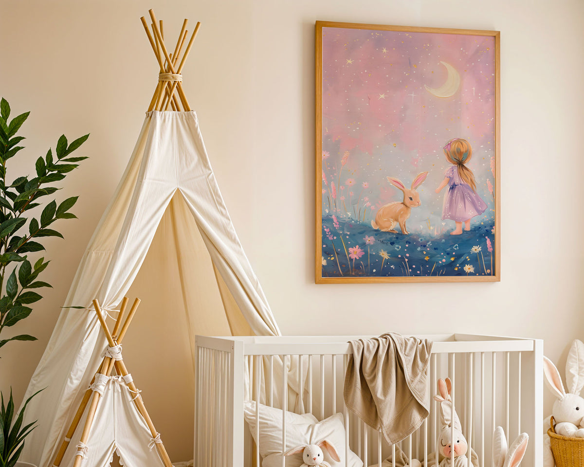 A-Sized Print Nursery - Golden girl with ponytail reaching toward gentle rabbit amid sparkles