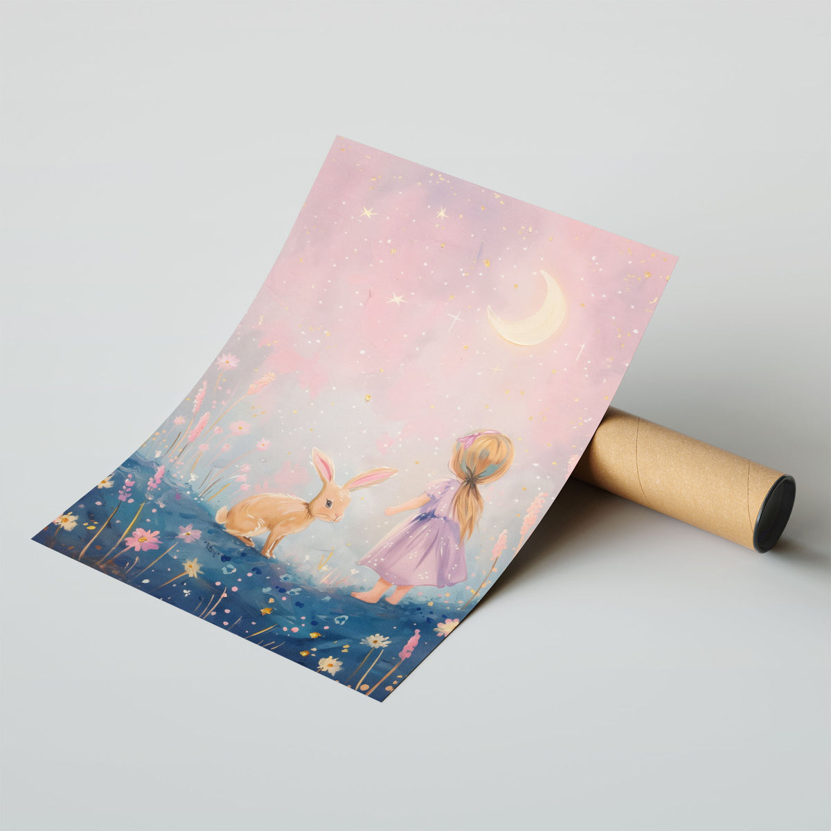 A-Sized Print Nursery - Whimsical illustration of girl in lavender dress with rabbit and blooms