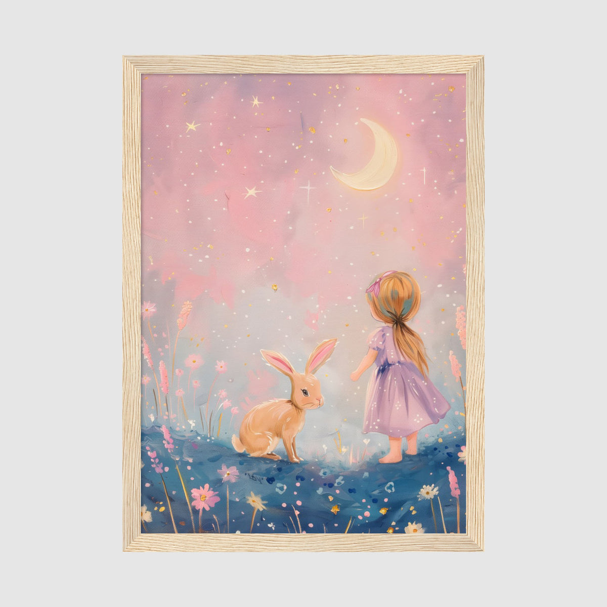 A-Sized Print Nursery - Ethereal garden scene with girl, bunny, and moonlit night sky backdrop
