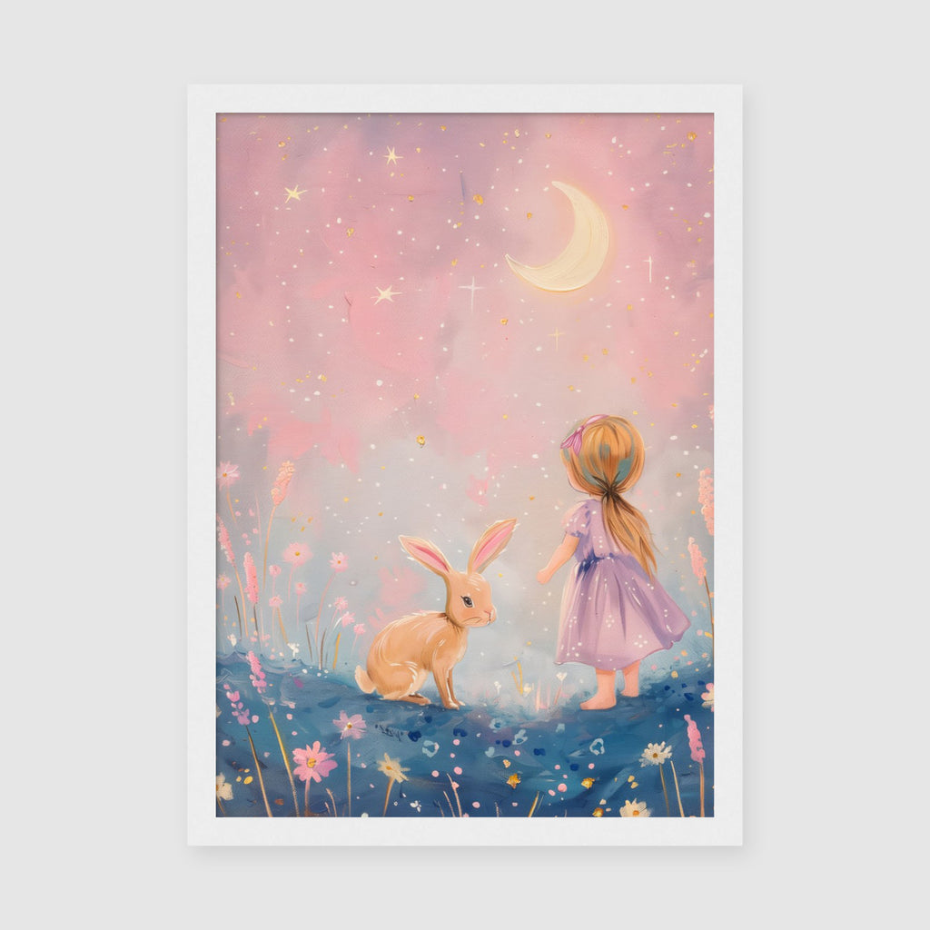 A-Sized Print Nursery - Soft watercolour style artwork featuring child and rabbit in flower field