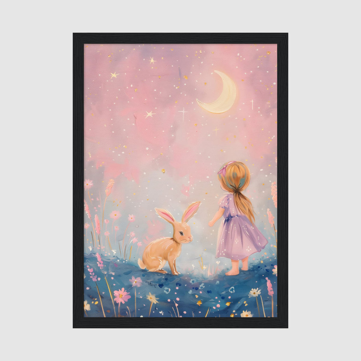 A-Sized Print Nursery - Enchanted meadow scene with girl, golden rabbit, and magical sparkles