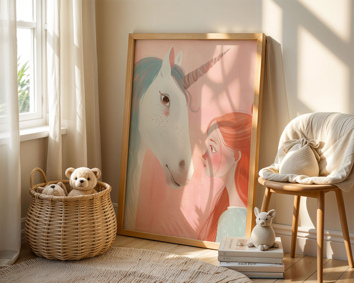 A-Sized Poster - Girl with copper-red hair gazing at a white unicorn against a soft pink background