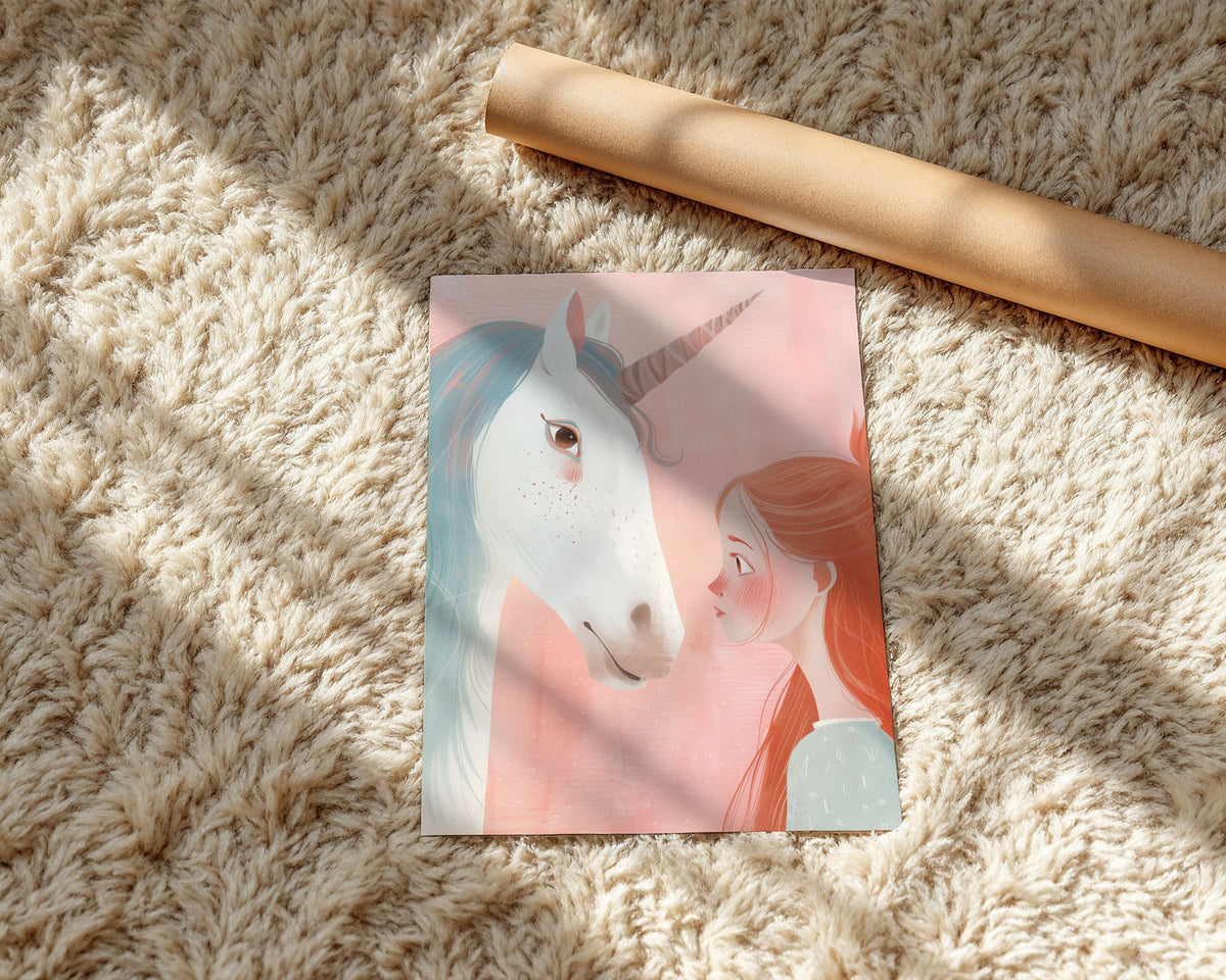 A-Sized Poster - Girl's profile showing her orange hair and peaceful expression near the unicorn